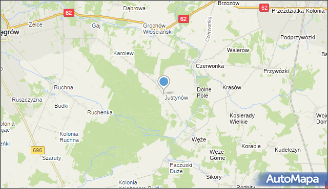 mapa Justynów, Justynów gmina Sokołów Podlaski na mapie Targeo